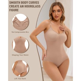 WOWENY Shapewear Women's Tummy Control Seamless Bodysuit Shaping Body Shaper Sculpting Thong with Adjustable Shoulder Strap, beige