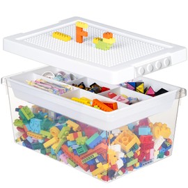 loobuu Plastic Storage Bins with Lids - 1 Set Stackable Arts Crafts Organizer Box with Removable Divided Tray &Compatible Building Baseplate,Toy Chest Containers for Bricks -White(14.37"x9.64"x6.69")