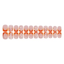 French Tip Press on Nails Short Square Fake Nails Flower False Nails Cute Glossy Full Cover Acrylic Nails Orange Glue on Nails Summer Artificial Stick on Nails for Women Manicure 24Pcs