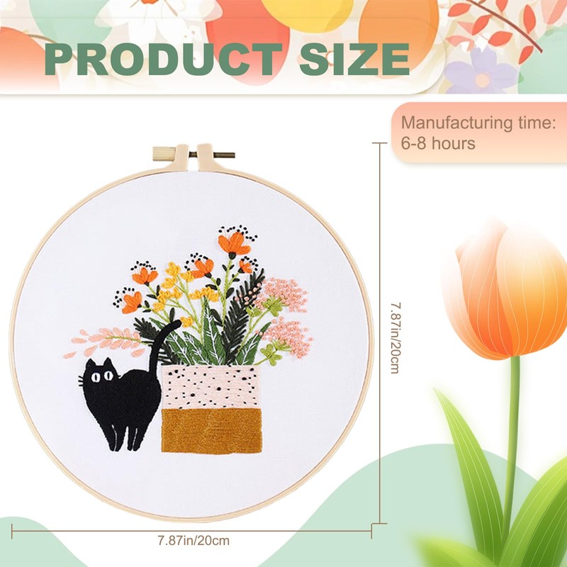 Joyeee Embroidery Starter Kit for Beginners Adults, 3 Set Cat+Green