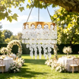 HUYIENO Solar Powered Hanging Chandelier Gold Metal Frame Acrylic Crystal Waterproof Outdoor Hanging Light for Patio, Wedding, Party, Garden Decor Rechargeable LED Pendant Lamp