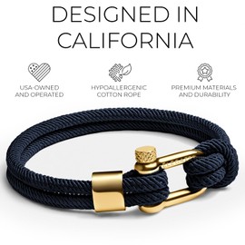 Elegatto Alchor Platinum Rope Bracelet for Men | Premium Nylon Marine Cord with 18K Gold-Plated Shackle Closure | Waterproof and Fade-Resistant | Men’s Designer Bracelets | Navy Gold Large (7.7")