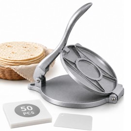 Kundita 8-Inch Cast Aluminum Tortilla Press, Silver Commercial-Grade Tortilla Maker with 50 Pcs Parchment Paper & Dough Scraper – for Tacos, Roti, Quesadilla, Patacones & Burritos