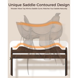 Vovamo Pine Wood Saddle Rack for Western/English Saddles, Classic Brown Curved Wave Designed Saddle Stand with Storage Shelf&Hook,Display for Living Room/Tack Room/Club, Equestrian Gift
