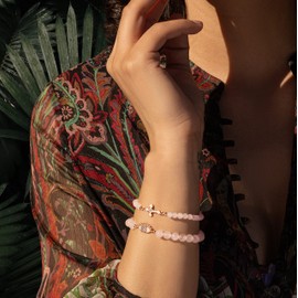 KARMA AND LUCK - Emotional Healing - Women's Real Rose Quartz 18K Rose Gold Plated Embedded Gorgeous Diamond Chip Evil Eye Charm Bracelet Handmade in Bali for Her