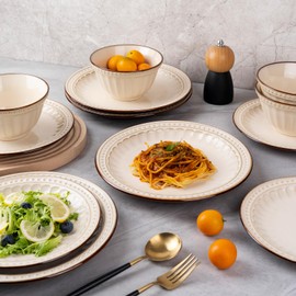 WHITEPEONY Dinnerware Set Cream White 12 Pieces Service for 4, Stoneware Plates and Bowls Set Stoneware Set, Dishwasher Microwave Safe Dishes set
