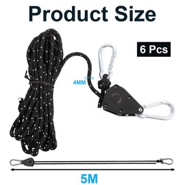 GBACHOOSE 6 Pcs Reflective Tent Guy Ropes with Pulley, 5M Tent Guide Rope Tensioners with Aluminum Adjuster, 4mm Heavy Duty Ratchet Ropes for Outdoor Camping Hiking Awning Tents (Black)