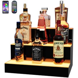 MESAlLUP 16 Inch 3 Tier Lighted Liquor Bottle Display Shelf, LED Bar Shelves with APP or Remote Control, Mulit Color Lighting for Home Mini Bars Decor, Restaurants & Party Use, Acrylic Stand