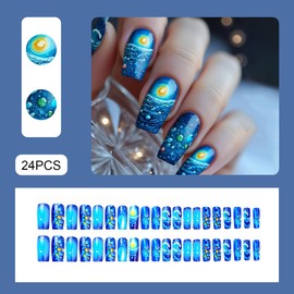NGMATY Press On Nails Medium Square -Blue Wave & Ocean Design, 3D Textured Full Cover Glue on Nails, Summer Beach Manicure Set for Women (Blue Ocean)