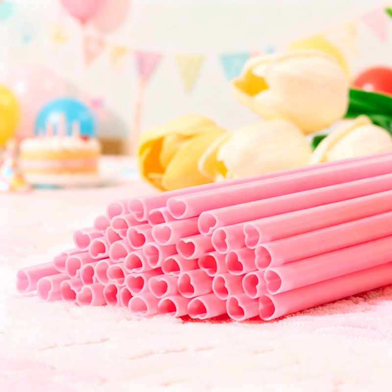 100 Pcs Heart Shaped Pink Straws, Individually Wrapped Disposable Plastic