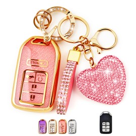 Nomiyo Key Fob Cover with Diamond Bling Keychain for Women, Car Key Holder Compatible with Honda 2016 2017 2018 2019 2020 2021 etc, TPU Key Case and Elegant Heart Key Chain (Pink, 1PCS)