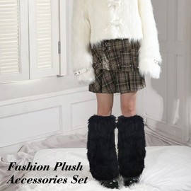 Furry Leg Warmers with Fluffy Wrist Warmers Set, Black Faux Fur Boot Covers Accessory for Ladies, Fluffy Leg Warmers Fuzzy Wrist Cuffs for Winter Party Christmas Costume (Black, One Size)