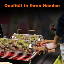 Stainless Steel Grill Basket, Pack of 2 Grill Accessories with Wooden Handle - Rolling Cylindrical Grill Basket - for Outdoor Camping, Vegetable Grill Basket, Grilled Vegetables, Meat Skewers, Seafood