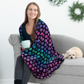 GreaterGood Super Cozy Fleece Paw Print Throw Blanket, Rainbow Paws