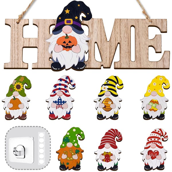 LittleFox 3D Gnome Interchangeable Seasonal Welcome Sign (Upgrade Designed) DIY with 8pcs Detachable Magnet Holiday Icons, Great for Rustic Farmhouse Decor or Housewarming Gift.