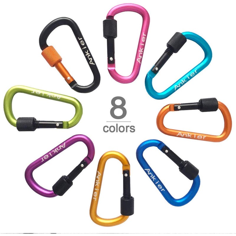 Locking Carabiner, 8-colors Premium Aluminum Alloy D-ring Carabiner Clips for