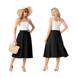 FREEOAK Petite Women's High Waisted A-Line Midi Skirt Summer Beach Vacation Flowy Casual Skirt with Pockets S Black