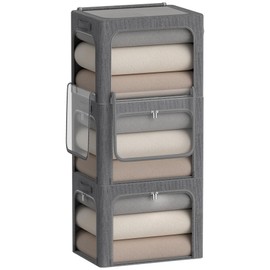 3 Openings Clothes Storage Bins Box - 3Pack Stackable Foldable Storage Bin - Metal Frame Storage Box Clothing Storage Organizer with Clear Window, Carry Handles (36L-15.7x11.8x11.8in, Drak Grey)