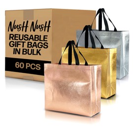 Nush Nush Set of 60 Mix Color Gift Bags In Bulk - 20 Rose Gold, 20 Silver, 20 Gold gift bags With Handles - For Small Business As Goodie Bags, Birthday Gift Bags Large Size, Party Favor Bags - 13X5X11