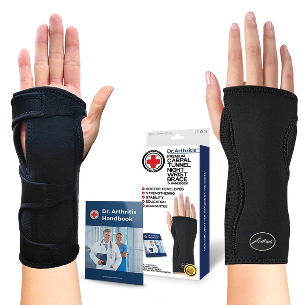 Doctor Developed Premium Carpal Tunnel Night Wrist Brace & Support [Single] (with Splint) & Doctor Written Handbook - Fully Adjustable with Comfort Padding & Shaping (Black)