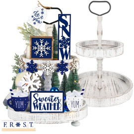 Shellwei 14 Set Winter Tiered Tray Decor with Wooden Tiered Tray Stand Blue Winter Tray Decorating Snowflakes Cup Rustic Farmhouse Winter Wooden Sign for Home Tabletop