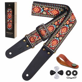 Nefelibata Guitar Strap, Cotton Vintage Embroidered Guitar Straps with Genuine Leather Ends for Bass, Electric, Acoustic Guitars, Free Strap Button, Strap Locks and Guitar Picks