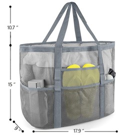 MZinge Mesh Beach Bag with 9 Pockets - Large Lightweight Waterproof Tote for Family,Toys &Vacation Essentials (grey)