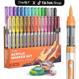 [JusArt] 30/24/18 Colors Acrylic Paint Markers Brush Tip, Water Based Paint Pens, Waterproof Flexible Tip Acrylic Markers for Rock Painting, Wood, Fabric, Egg, Pen, Markers, Acrylic Markers, Springtok:_30 Colors