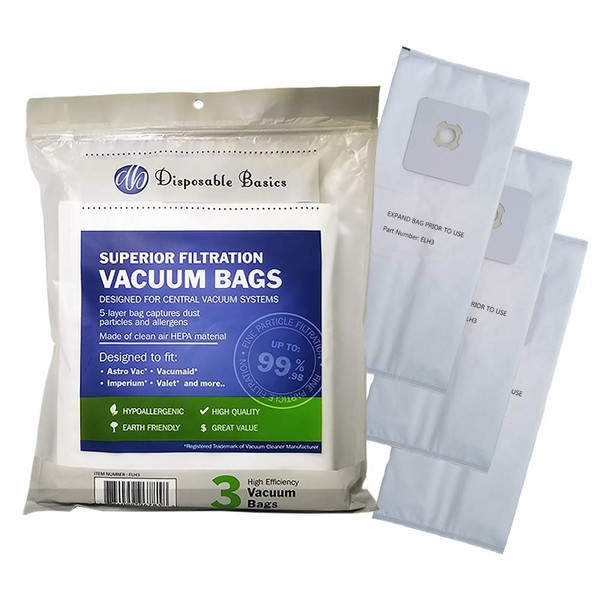HEPA Filtration Bags for Central Vacuum Systems ELH3 - by Disposable Basics (3 Pack)