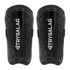 TrySalar Shin Guards Football, Soccer Shin Pads for Kids Junior Youth Boys Girls Mens Beginner Elite Athlete Perforated Breathable Hockey Games Leg Calf Protective Gear (Black)