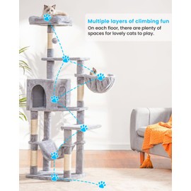 Hey-brother Hey-brother Cat Tree with Large Hammock, Multi-Level Cat Tower for Indoor Cats, Cat Condo with Sisal-Covered Scratching Posts and Top Perch, Light Gray MPJ050W