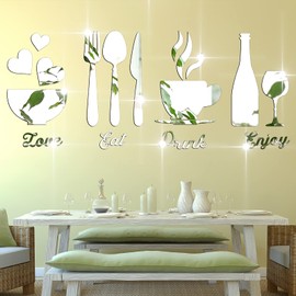 17 Pieces Kitchen Wall Decor Acrylic Mirror Wall Stickers, Fork Spoon Bowl Tea Cup Bottle Sign 3D Mirror Decal, Kitchen Wall Mirrors Decor DIY Detachable Mural Sticker for Living Room, Dining Room