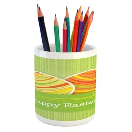 Ambesonne Easter Pencil Pen Holder, Colorful Eggs with Stripes on a Green Checkered Squares Background Banner, Printed Ceramic Pencil Pen Holder for Desk Office Accessory, Multicolor