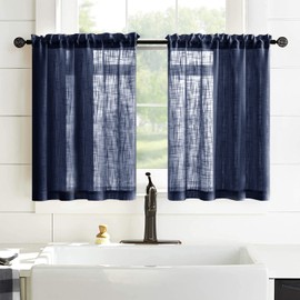 XTMYI Blue Cafe Curtains for Kitchen Window 36 Inch Length Faux Linen Look Short Small Semi Sheer Curtains for Bathroom Bedroom Navy Blue