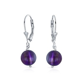 Simple Plain Round Bead Purple Amethyst Lever back Ball Drop Earrings For Women .925 Sterling Silver February Birthstone