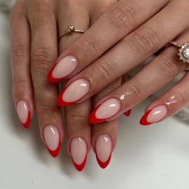 Medium Oval Press on Nails - 24PCS Red Almond False Nails - Nude Based Red French Tip Fake Nails with Glue - Natural Glossy Elegant Full Cover Acrylic Classic Soft Gel Stick on Nail for Women Nail Art