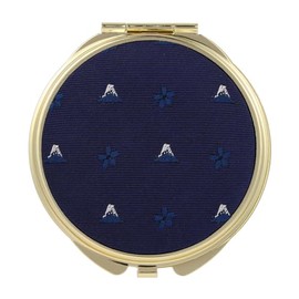 FORTUNA Tokyo Compact Mirror, Nishijin Textile Silk Hand Mirror, Double-Sided Mirror, Magnifier, Made in Japan, Round Size, Mt. Fuji and Cherry Blossom Pattern -18, Hokusai (Blue/Gold)