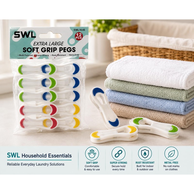 SWL Extra Large Soft Grip Clothes Pegs – 12 Pack