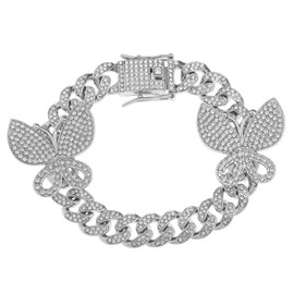 Bling Cuban Link Girl Dog Collars,Cool Fancy Diamond Rhinestone Cat Dog Chain Necklace Butterfly Collar