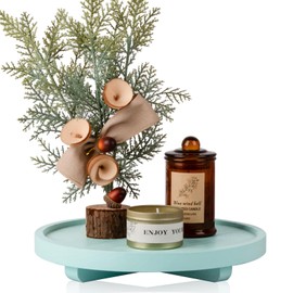 Round Decorative Tray Wood Bathroom Counter Organizer Farmhouse Kitchen Decor Wooden Riser for Soap Dish, Perfume, Candle, Sponge, 10" - Light Blue