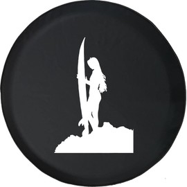 Funny Spare Tire Wheel Cover for Camper SUV Trailer Truck RV JP Thick PVC Leather | Surfer Girl Overlooking Island Cliff Black 33 Inch