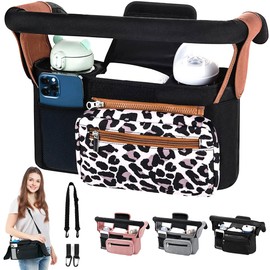 NARUTOO Baby Pram Bag Stroller, Baby Stroller Organizer - Detachable Phone Bag & Shoulder Strap, Buggy Organiser with 2 Insulated Cup Holder,Buggy Organiser Bag with Shoulder Strap&Non-Slip Secure Hooks (Leopard)