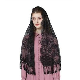 BEAUTELICATE Church Chapel Veil Lace Mantilla Head Cover Embroidered Shawl Scarf With Tassel For Women Catholic Latin Mass Holy Communion Religious Ceremony Wedding