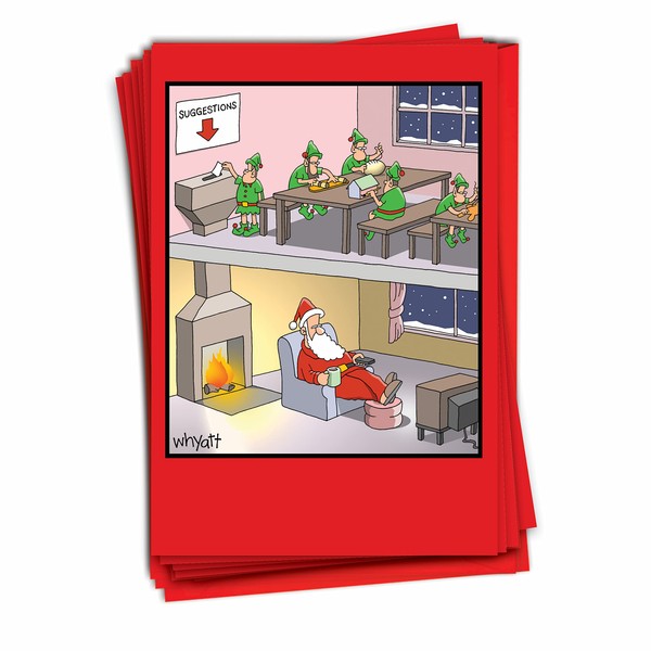 NobleWorks Pack of 12 Funny Christmas Greeting Cards with Envelopes, Humor Holiday for Men and Women (1 Design, 12 Cards) - Santa Suggestion Box B1665