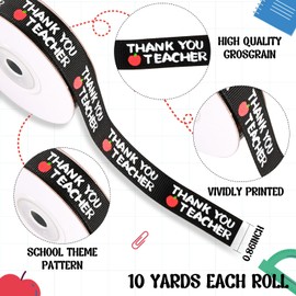 School Theme Ribbon, 7/8" x 10 Yards Teacher Grosgrain Ribbons for Classroom Craft DIY, Teacher Appreciation Wrapping Gifts, Back to School Party Supplies Decor, Hair Bows (Black-Thankyou Teacher)
