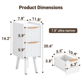 ELYKEN 7.9" Narrow Side Table, 20.6" Tall Fluted Nightstand with Drawers, Wooden Small End Table for Small Spaces, Modern Skinny Bedside Table, Slim Nightstand for Bedroom, White