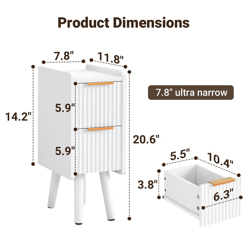 ELYKEN 7.9" Narrow Side Table, 20.6" Tall Fluted Nightstand with