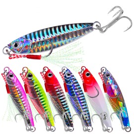 Jigging Lures Fishing, 30g Slow Jig Baits, Offshore Micro Jigs for Tuna King Sna Grouper Bass, Metal Jig with Treble Hook and Assist Hooks 6 Pieces