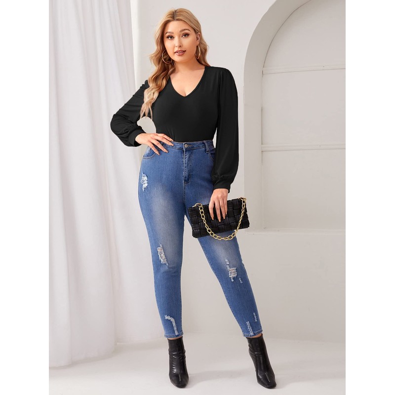 Milumia Women's Plus Size V Neck Long Sleeve Bodysuit Leotards