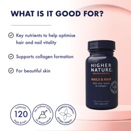 HIGHER NATURE Higher Nature - Nails & Hair - Contains Zinc, Biotin & Collagen - Supports Beautiful Skin - 120 Capsules